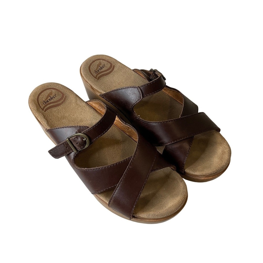 Dansko Leather Sela Comfort Sandals Faux Wooden Platform Criss Cross Buckle 40